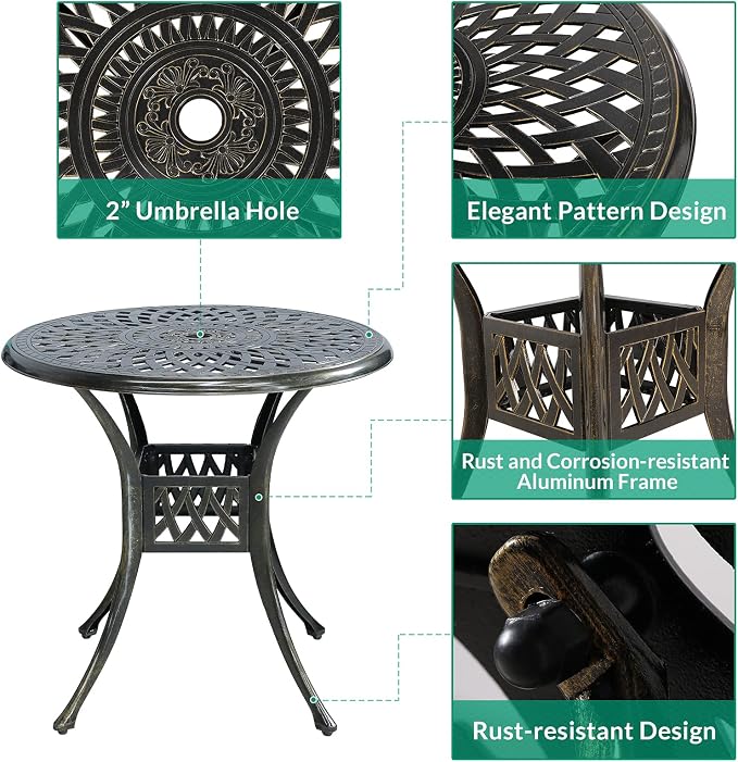 VIVIJASON 3-Piece Patio Furniture Dining Set, All-Weather Cast Aluminum Outdoor Bistro Set, Include 2 Chairs, 2 Cushions and 31" Round Table w/Umbrella Hole for Balcony, Lawn, Garden, Backyard