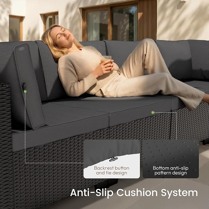 Patio Furniture Set - All-Weather - 7 Piece Patio Outdoor Conversation Set, Modular Wicker Rattan Sectional Sofa for Backyard, Garden, Poolside, Balcony, Porch, Patio,Black/Dark Gary