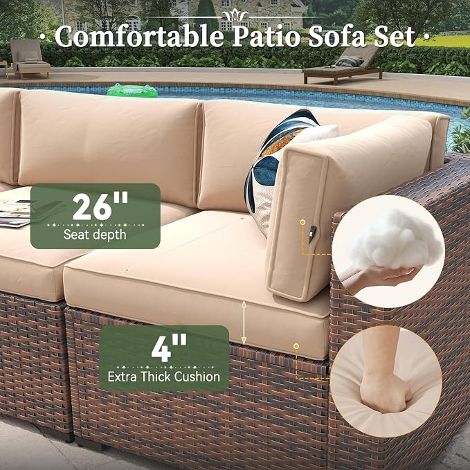 Aoxun 11 Piece Patio Furniture Set Wicker Rattan Patio Conversation Set Outdoor Sectional Sofa Set with Coffee Table and Thickened Cushions, Beige