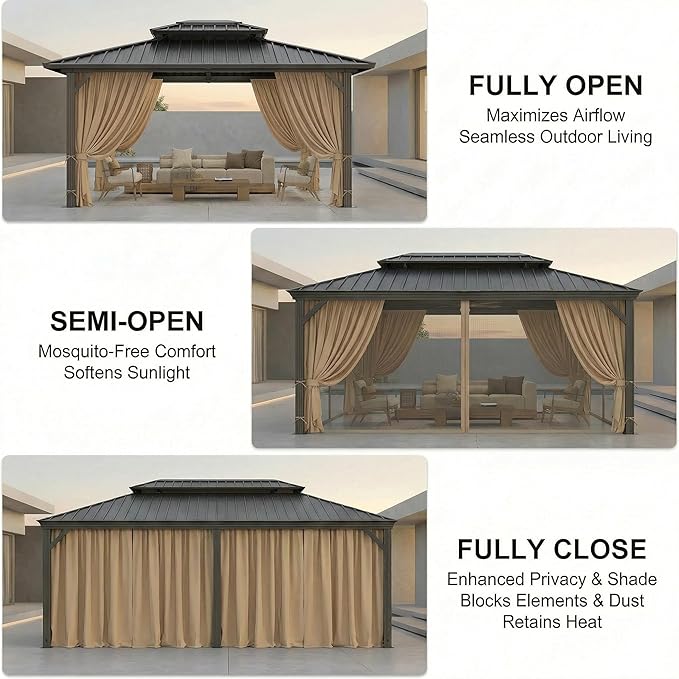 HOTEEL 10x12 Hardtop Gazebo Hot Tub Gazebo with Flame-Retardant Curtain Netting, Heavy Duty Pavilion with Galvanized Steel Double Roof, Aluminum Frame Outdoor Canopy for Patio, Party