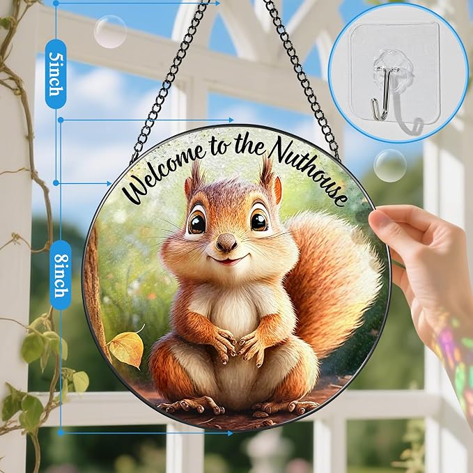 Stained Glass Window Hanging 8" Welcome to the Nuthouse Squirrel Sun Catchers, Stained Glass Suncatcher Decor for Christmas, Birthday, Housewarming, Gift for Squirrel Lover Friend Coworker Neighbor