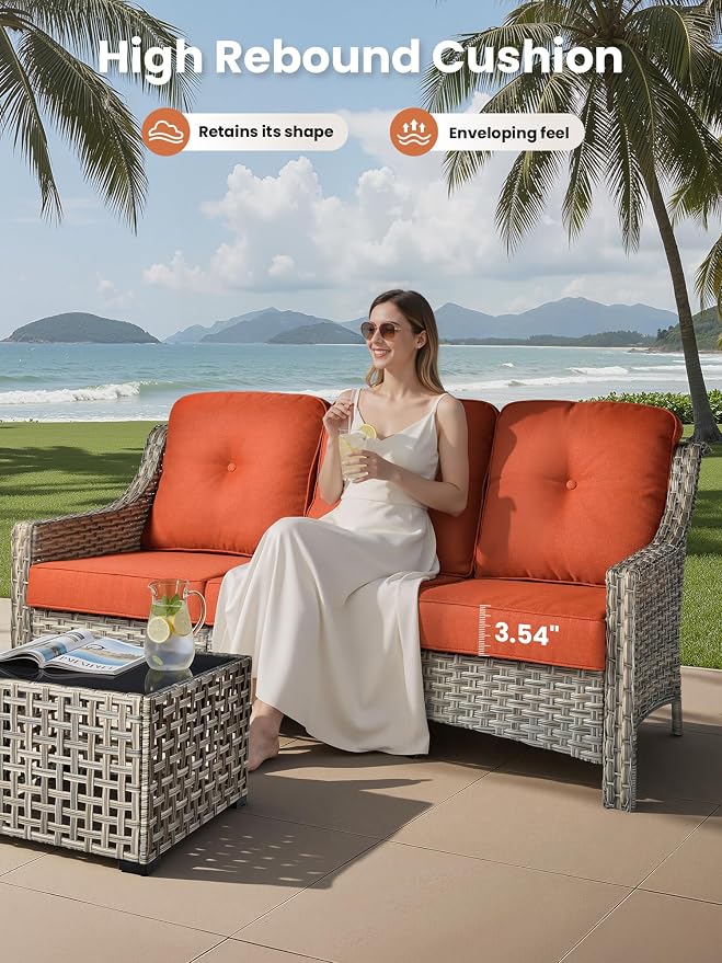 ovios 5 Piece Outdoor Patio Furniture with 3 Seat Sofa,Rattan Wicker Coversation Set with Swivel Rocking Chair,Balcony Sofa Set with Shiny Table for Outside Porch Backyard Pool, Red