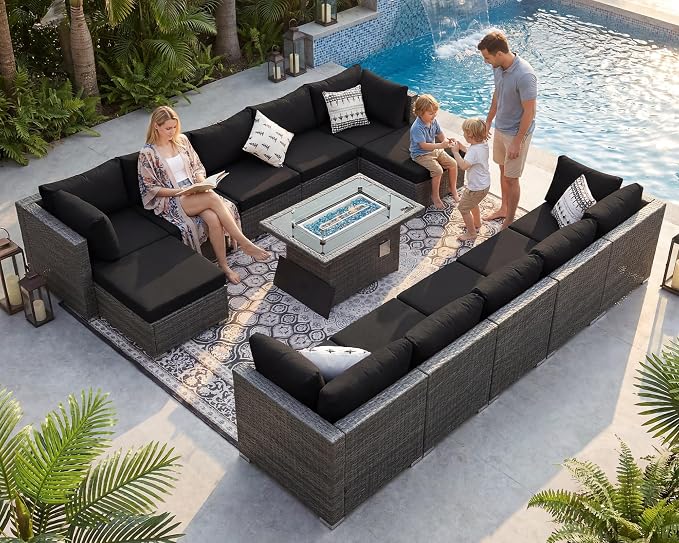 NICESOUL 13 Piece Patio Furniture w/Fireplace, Elegant Outdoor Seating w/Firepit, XL Size 29.3'' High Back Sectional Sofa, All-Weather Rattan Deck Couch, Modular Sturdy Conversation Set,Gray & Black
