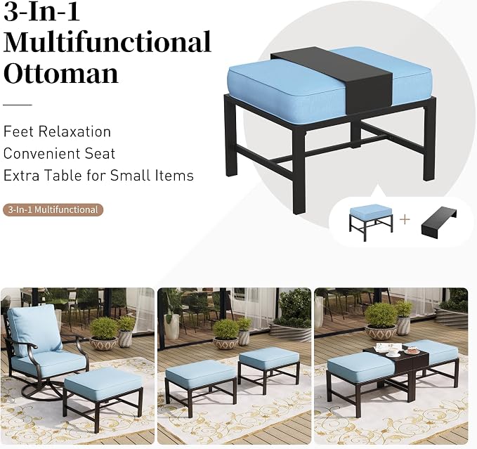 SUNSHINE VALLEY 7 Piece Metal Outdoor Patio Furniture Set, Patio Conversation Sets 1 3-seater Sofa, 2 Fixed Chairs, 2 Swivel Chairs, 2 Ottomans with 5.75" Thick Cushion, Black Backyard Furniture, Blue