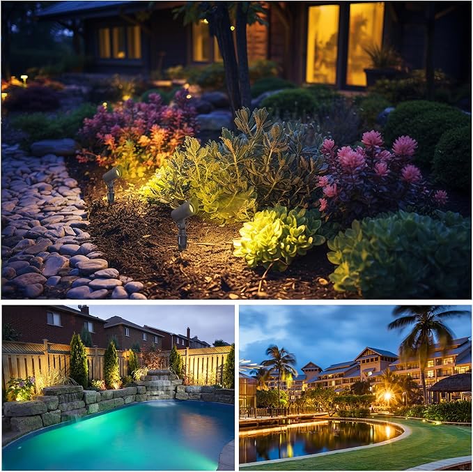 E ENERGETIC LIGHTING LED Landscape Lights with Connectors, 12V Low Voltage, Warm White 3000k, 4W, 175LM, Outdoor Waterproof Garden Pathway Lights Wall Tree Flag Spotlights with Spike Stand, 6 Pack