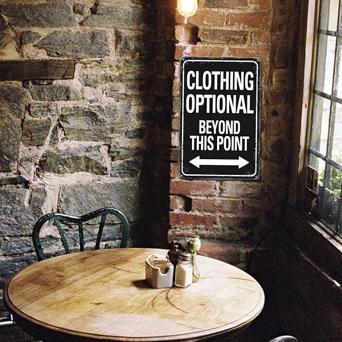 Clothing Optional Beyond This Point Sign Vintage Metal Tin Signs Man Cave Decor Bar Signs Wall Decor For Room Gifts For Men Black Sign 12 X 8 Inch