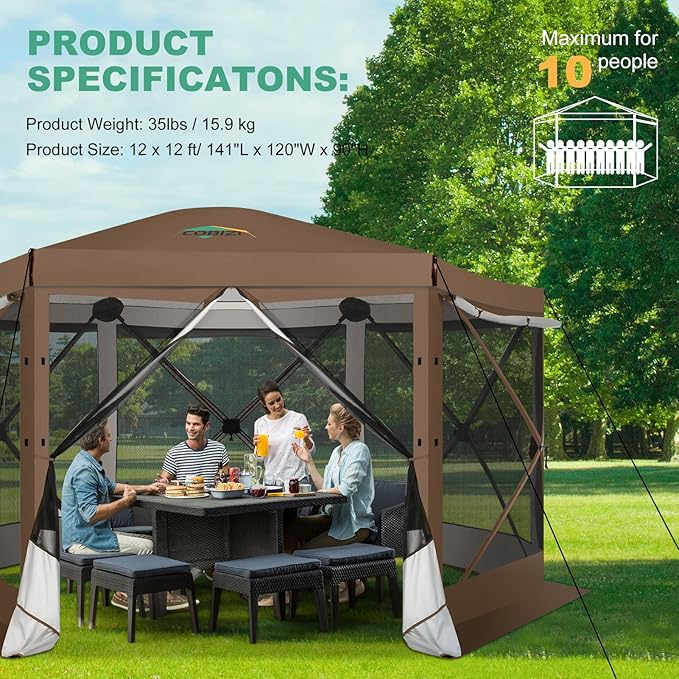 COBIZI 12x12 FT Pop Up Canopy Stargazing Tent, Gazebos On Clearance with Removable Roof, Screened in Gazebo, Screen Tents Portable carpas para Patio for Outdoor Camping,Backyard,Garden,Brown(Pro)