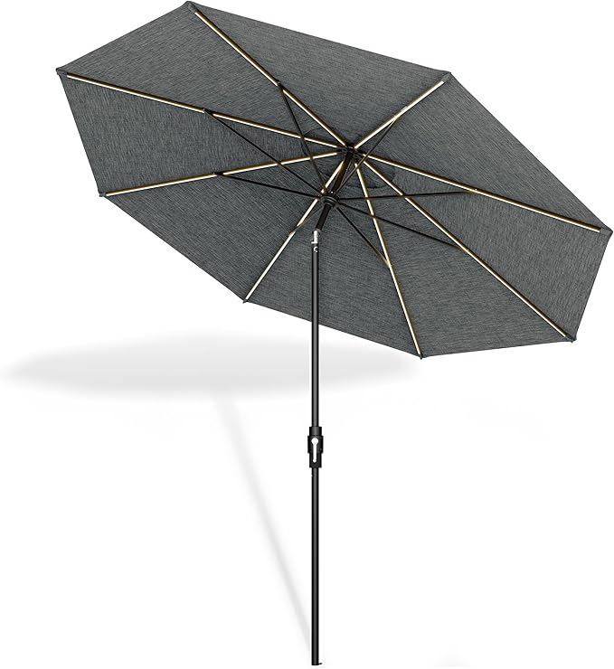Midtown Umbrellas The LED Swilt 9 Feet Patio Umbrella With Terylast Greige Polyester Fabric - Auto-Tilt Aluminum Frame With LED Lights For Backyard, Deck, Garden, Pool - Black Pole