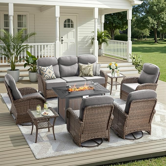 8 Pieces Luxury Patio Furniture Set with 42.5" Fire Pit Table, 6-Inch Thick Cushions Wicker Outdoor Furniture with Outdoor Rocking Chairs Set of 4, Outdoor Patio Conversation Set for Deck, Gray