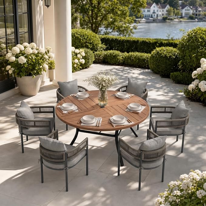 VICLLAX Patio Dining Set, 53.1" Walnut Table & 6 Chairs with Grey Cushion | Outdoor Table and Chairs Set of Round Metal Patio Table, Outdoor Dining Chairs with Metal Frame, Garden Deck Porch