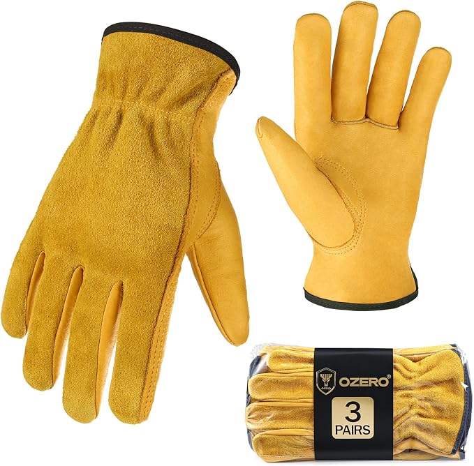 OZERO Cowhide Leather Work Gloves, Gardening, Flex Grip, 3 Pairs, Gold, L | Flexible Grip, Keystone Thumb, Elastic Wrist, Breathable Unlined Comfort for Yard Work, Firewood, Landscaping and Farm Tasks