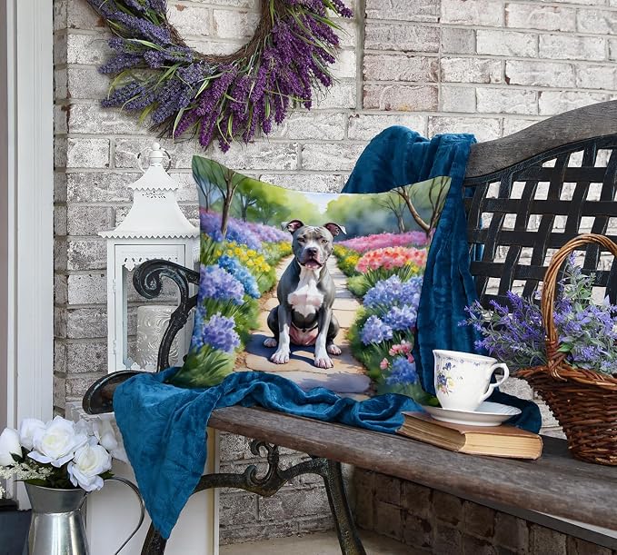 Caroline's Treasures Pit Bull Terrier Spring Path Throw Pillow Machine Washable, Indoor Outdoor Decorative Pillow for Couch, Bed or Patio, 18Hx18W