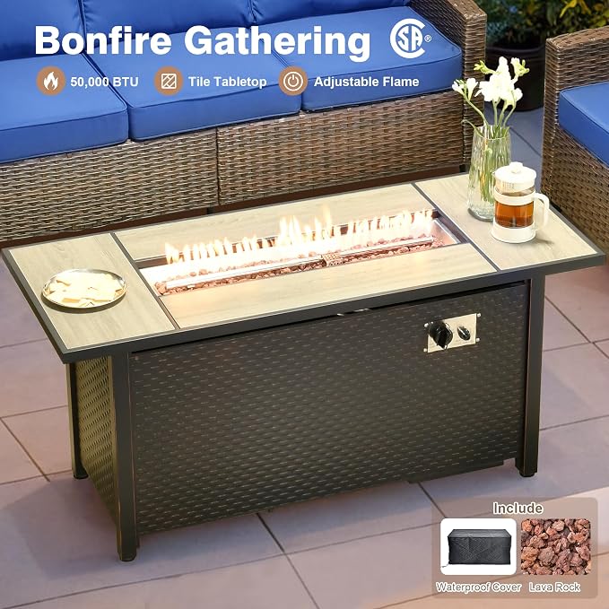 ovios 8 Pieces Patio Furniture Set, Outdoor Wicker Sofa Couch with 54" Fire Pit Table Comfy Cushions, All Weather Brown Rattan Conversation Set for Backyard Deck, Navy Blue