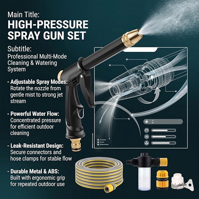 High Pressure Sprayer for Car Wash & Patio Cleaning, Easy Outdoor Watering Tool for Homeowners (AA+5 m Hose)