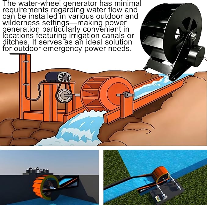 Low-Speed Waterwheel, Water Turbine Generator, Hydro Water Wheel Generator, Compact Generation Structure for Outdoor Rivers, Ponds and Rural Daily Water Supply Use(50w)