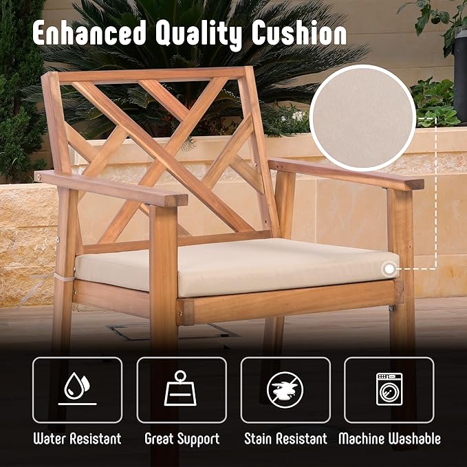 Werph 3-Piece Acacia Wood Outdoor Patio Furniture Set | Conversation Set with Padded Cushion Chairs and Coffee Table, for Porch Balcony Deck Backyard