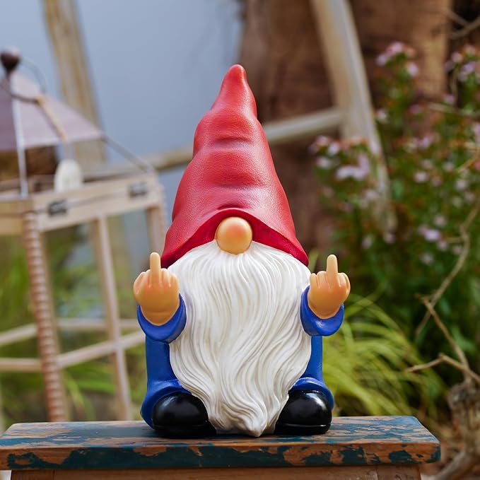 Middle Finger Gnome Statue 12.4in, Large Naughty Garden Gnome Statue Decoration and Lawn Ornament - Funny Garden Gnomes for Outdoor or Home Decor