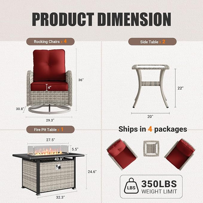 7Pcs Patio Rocking Swivel Chair with 55,000 BTU Fire Pit Table Outdoor Wicker Rattan Bistro Set with Tempered Glass Side Table, Outdoor Patio Furniture Set for Garden and Balcony, Red