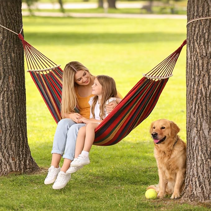 Canvas & Wood Hammock, Red-Purple Striped, 129.9x59.1 inches, Extra Large Double Hammock, 500 LBS Weight Capacity, Portable with Storage Bag & 2x9.8ft Tree Ropes, Includes Installation Manual, for Out