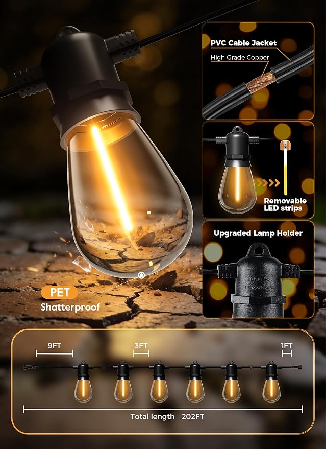 Minetom 202FT Solar String Lights Outdoor Waterproof, S14 Patio Lights | 65 LED Shatterproof Bulb, Remote Type-C Port Timable, 3 Light Modes Dimmable Solar String Lights for Outside, Yard, Camping