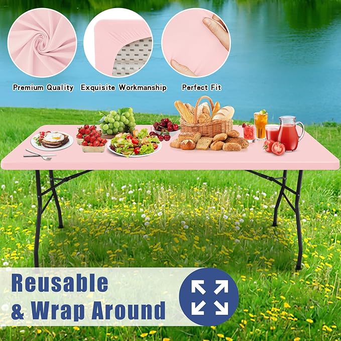 Moosfor Spandex 6 Foot Rectangle Table Cloth 2 Pack, Elastic Fitted Tablecloths for Picnic, Stretch Washable Patio Table Cover for Outdoor, Camping, Banquet and Parties (Pink, 30"x72")