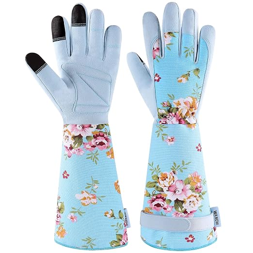 WANCHI Long Gardening Gloves for Women, Breathable Flexible Fit, Comfortable Durable Work Gloves for Planting, Weeding & Outdoor Yard Activities, Blue Medium