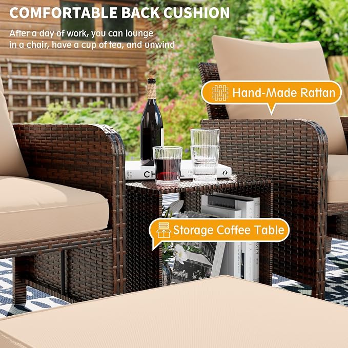 UDPATIO Balcony Furniture Outdoor Patio Chair with Ottoman for Small Space, 5 Piece Wicker Patio Furniture Set with Side Table, Khaki