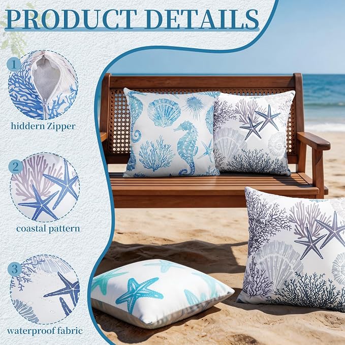 cygnus Coastal Outdoor Pillow Covers 18x18 inch Waterproof Conch Seashell Coral Satrfish Beach Summer Nautical Throw Pillow Covers for Patio Furniture Garden Bench Porch Sofa Couch Set of 2