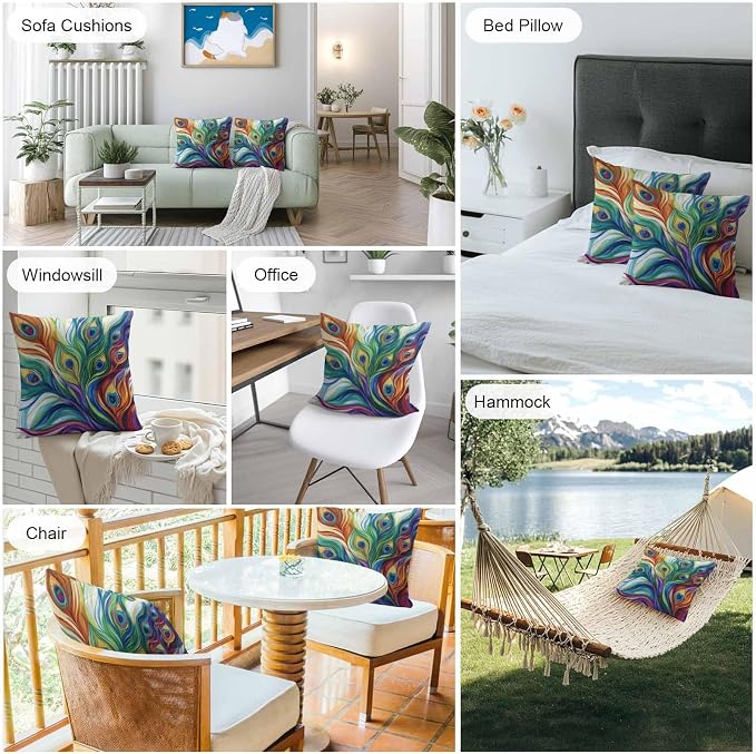 Colorful Peacock Feathers Outdoor Pillow Covers 18x18 Inch Throw Pillow Covers Set of 2 Waterproof Decorative Pillow Cases Oil Painting Abstract Art Cushion Covers for Patio Furniture Garden Couch