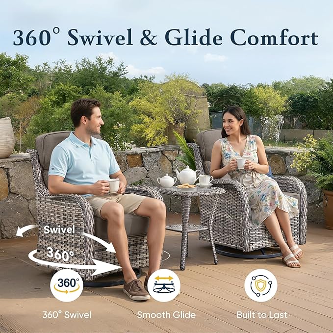 Belord Luxury 6" Thick Cushioned 5 Pieces Patio Furniture Set with Fire Pit Table, Wicker Outdoor Conversation Set with High Back Swivel Rocker Chairs for Deck Porch Yard and Poolside - Grey+Grey