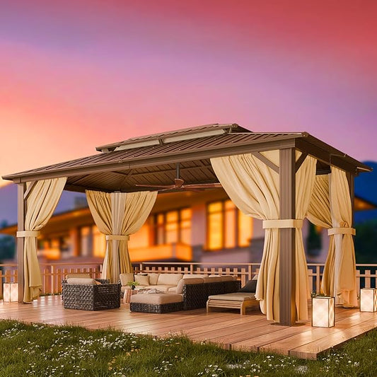 HOTEEL 10x15 Hardtop Gazebo On Clearance with Heavy Duty Galvanized Steel Metal Roof, Patio Hard Top Gazebo with Curtains & Netting,Outdoor Permanent Hot tub Pergola Pavillon for Backyard,Deck,Brown
