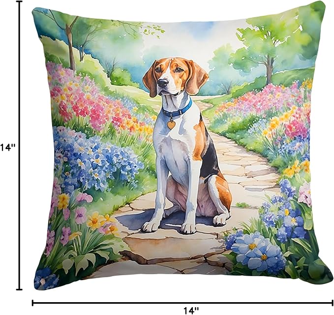 Caroline's Treasures English Foxhound Spring Path Throw Pillow Machine Washable, Indoor Outdoor Decorative Pillow for Couch, Bed or Patio, 14Hx14W