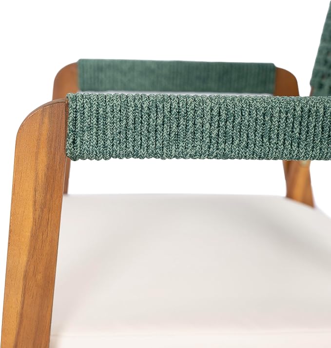 Christopher Knight Home Sky Acacia Wood Dining Table Set for 6, 7 Piece Patio Extendable Dining Table and Dining Chairs Set of 6 with Cushions & Rope Accents, Patio Furniture Set, Teak+Beige+Green