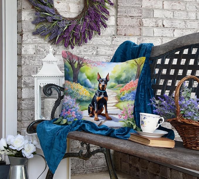 Caroline's Treasures Doberman Pinscher Spring Path Throw Pillow Machine Washable, Indoor Outdoor Decorative Pillow for Couch, Bed or Patio, 18Hx18W
