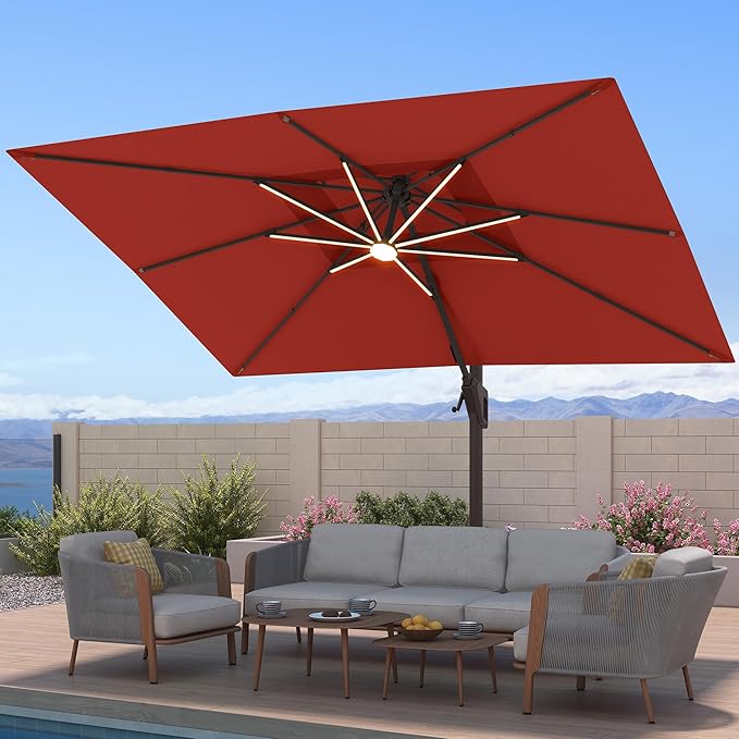 10x13 FT Patio Umbrella with LED Lights Cantilever Outdoor Large Heavy Duty Rectangle Aluminum Offset Umbrellas Double Top 360 Rotation 7 Tilt Adjustment for Pool Deck Garden, Red