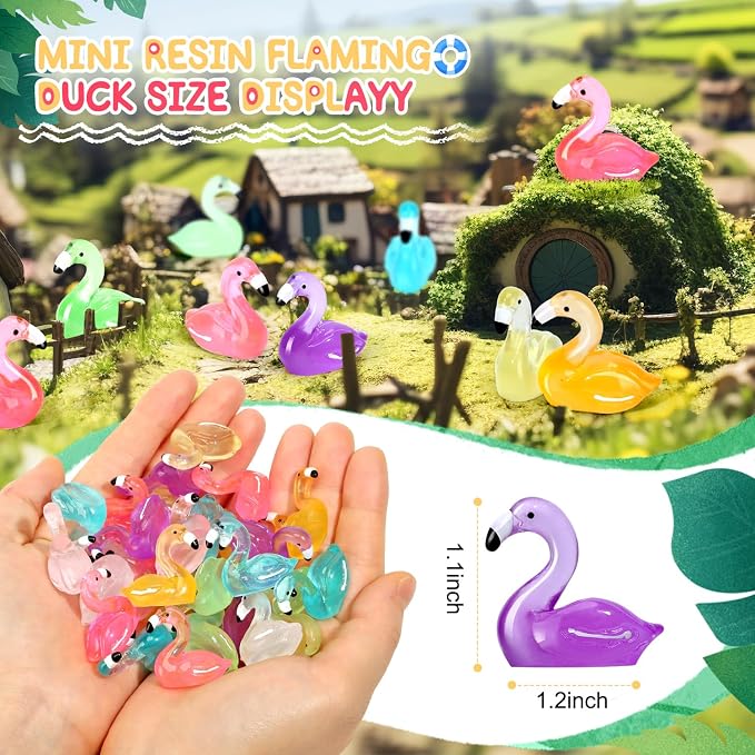 32pcs Luminous Large Mini Resin Flamingo Ducks 8 Colors Glow in The Dark Tiny Small Little Resin Flamingo to Hide Plastic Animal Figures for Micro Fairy Garden Landscape Dollhouse Aquarium Decorations