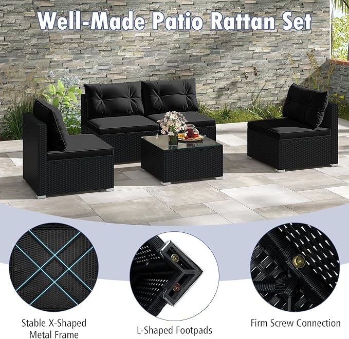 DORTALA 5 Piece Wicker Patio Furniture Set, PE Rattan Outdoor Sectional Conversation Set with Tempered Glass Coffee Table, 4 Chairs for Deck, Backyard, Poolside, Black