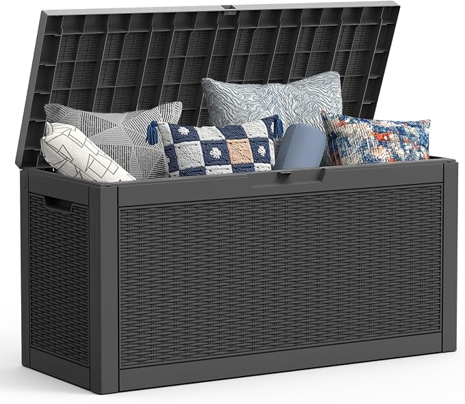 Mars Villa 60 Gallon Deck Box, Waterproof Weatherproof and UV Resistant Resin Storage Bin with Lockable Lid, Ideal for, Outdoor, Patio Furniture Cushions, Pool Supplies, Garden Tools, Black
