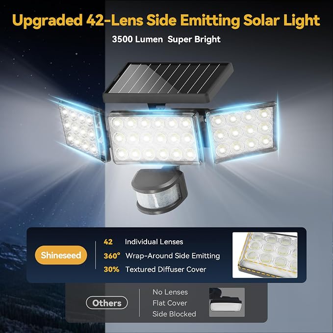 Solar Lights Outdoor, 3500LM 168 LED Motion Sensor Solar Flood Lights, 3 Heads 300° Wide Angle, 3 Modes IP65 Waterproof Solar Security Lights for Yard Garden Patio, 6 Pack (Black)