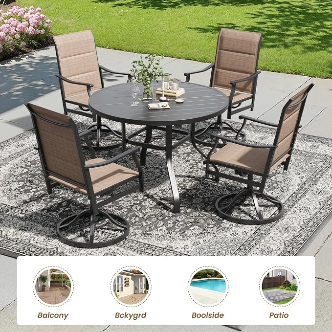 Soohow Outdoor Dining Set for 4, 5-Piece Round Table Patio Dining Set, 4 x Swivel Patio Chairs and 1 x 41 Round Outdoor Dining Table, for Poolside, Backyard and Proch