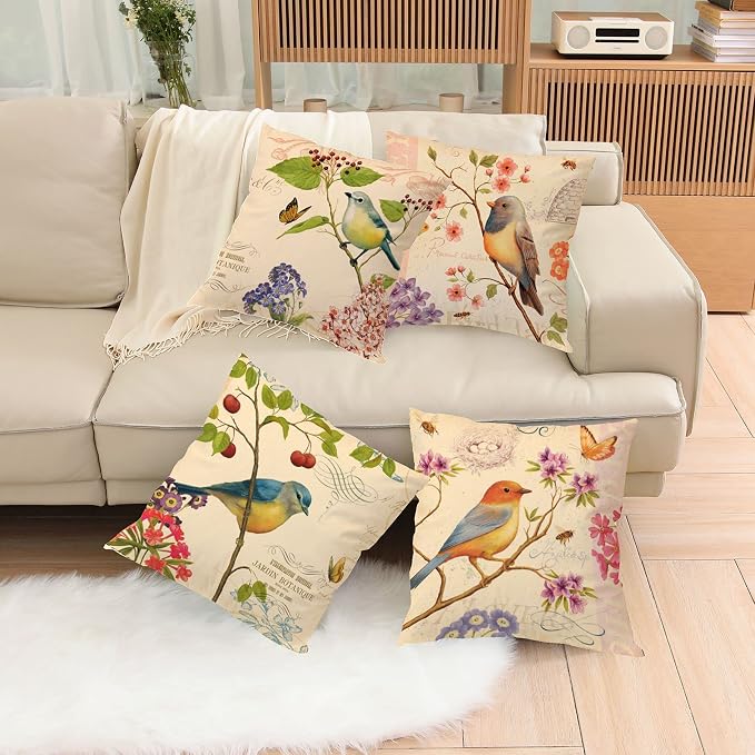 Outdoor Bird Decorative Throw Pillowcase, Bird Flower Both Sides Printed Spring Cushion Cotton Linen 18x18 Set of 4 Patio for Home Couch Sofa Decor