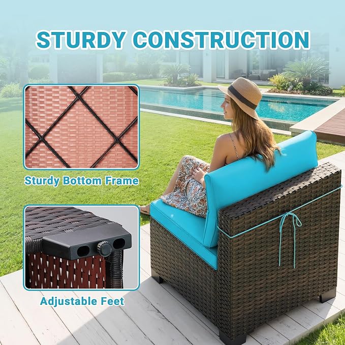 LEVELEVE 7-Piece Outdoor Patio Furniture Sets, Manual Weaving Rattan Conversation Sectional Sofa with Tempered Glass Coffee Table, All-Weather PE Wicker & Thick Cushions for Garden, Backyard, Porch