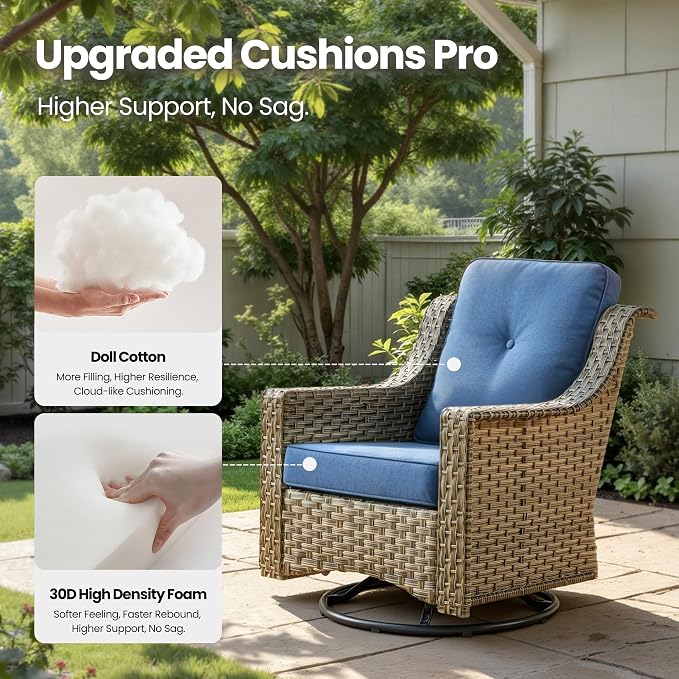 2 Piece Patio Furniture Set, Outdoor Wicker Chairs Set of 2 with Thick Cushion, Heavy Duty High Back Comfortable Chair for Small Balcony Porch Garden, Sapphire Blue