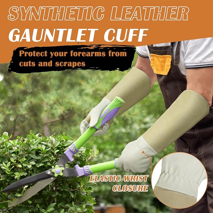 HANDLANDY Rose Pruning Gloves for Men Women, Thorn Proof Gardening Gloves | Long Leather Gardening Gloves, Breathable Leather Gauntlet, Best Garden Gifts & Tools for Gardener (Beige, XL)