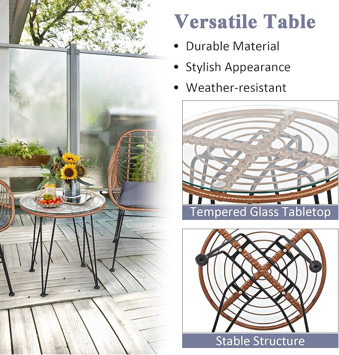 COSTWAY 3 Pieces Patio Bistro Set, Outdoor Rattan Conversation Seating Chair Set with Coffee Table & Soft Cushions, Indoor Wicker Furniture Set for Garden, Balcony, Porch, Pool, Gray