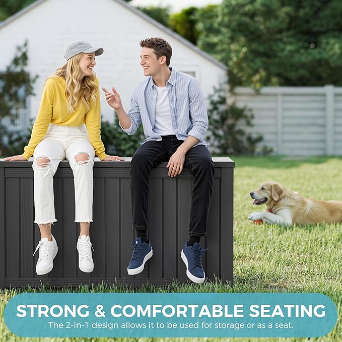 KAMABOKO Outdoor Storage Box, 180 Gallon Large Outdoor Resin Deck Box, Storage Waterproof Boxes Lockable Lid for Garden Tools, Pool Supplies, Patio Furniture and Cushions, Black