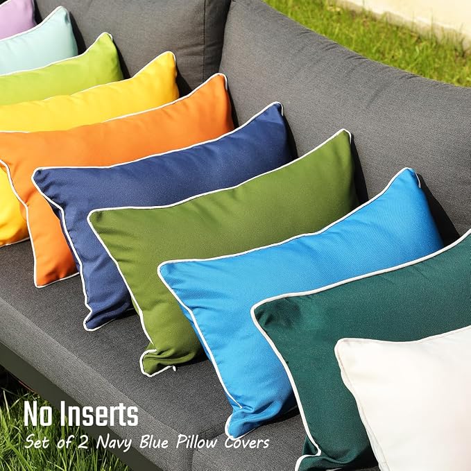JOJOGOGO Blue Outdoor Waterproof Sun Fade Resistant Lumbar Pillow Covers 12x20 Set of 2, Navy Outdoor Lumbar Pillows Cushion Covers 12 x 20 for Patio Furniture Hammock (with White Piping)