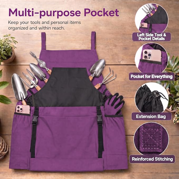 Gardening Apron with Pockets, Heavy Duty Canvas Harvest Apron | Front kangaroo-style pouch with bottom release for easy unloading, Cross-back fit, Canvas with Oxford lining