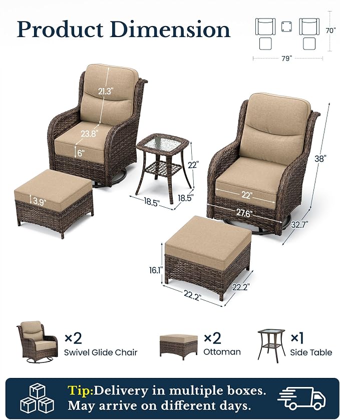 HILLGA Luxury 5PCS Outdoor Swivel Rocker Patio Chairs of 2 with 6 Inch Thick Cushions and Side Table, All Weather Outdoor Chairs High Back Wicker Patio Furniture Set for Porch and Deck, Beige