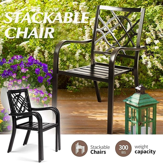 Crownland 5 Piece Patio Dining Set, 4 Stackable Metal Chairs and Square Outdoor Dining Table with 1.57 inch Umbrella Hole (Metal Tabletop), Black